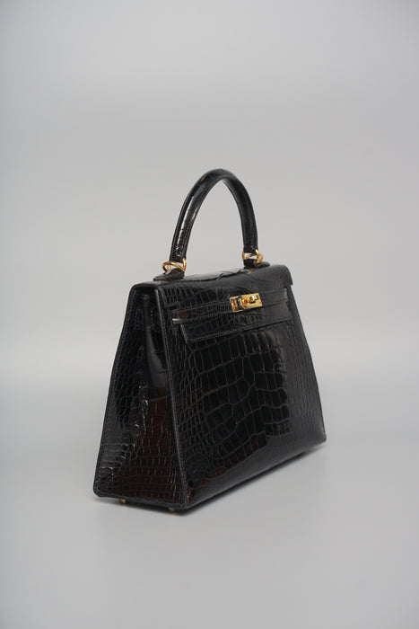Hermes Kelly 25 in Black Shiny Alligator Ghw
