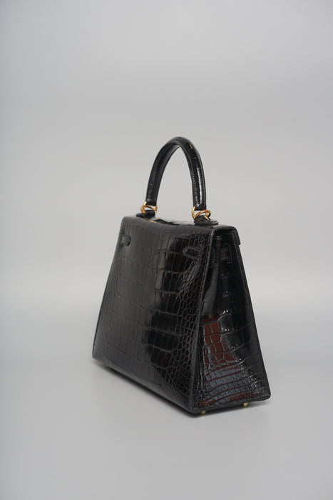 Hermes Kelly 25 in Black Shiny Alligator Ghw