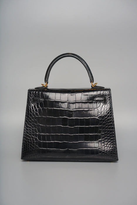 Hermes Kelly 25 in Black Shiny Alligator Ghw