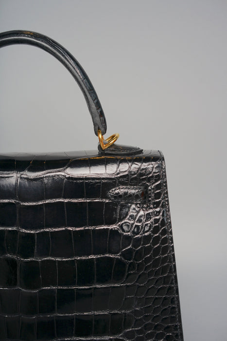 Hermes Kelly 25 in Black Shiny Alligator Ghw