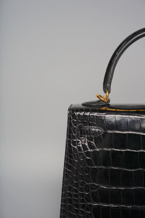 Hermes Kelly 25 in Black Shiny Alligator Ghw