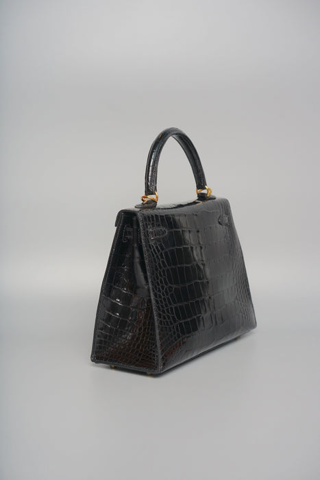 Hermes Kelly 25 in Black Shiny Alligator Ghw