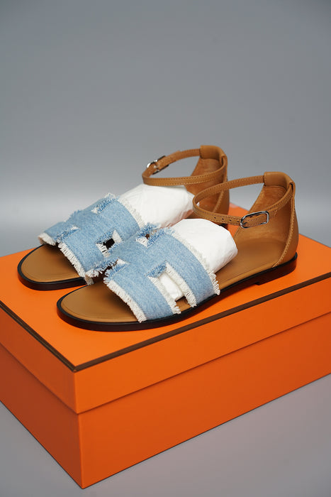 Hermes Santorini Sandal in Bleu Clair / Naturel Phw Size 35 (Brand New)