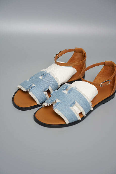 Hermes Santorini Sandal in Bleu Clair / Naturel Phw Size 35 (Brand New)