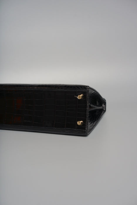 Hermes Kelly 25 in Black Shiny Alligator Ghw