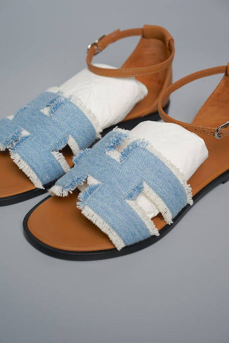 Hermes Santorini Sandal in Bleu Clair / Naturel Phw Size 35 (Brand New)