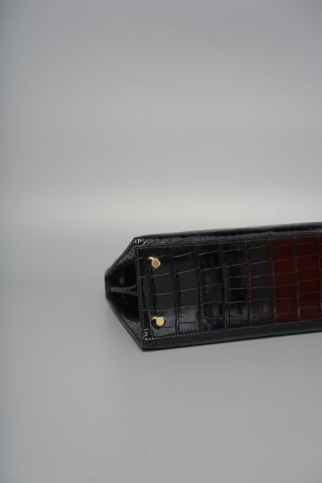 Hermes Kelly 25 in Black Shiny Alligator Ghw