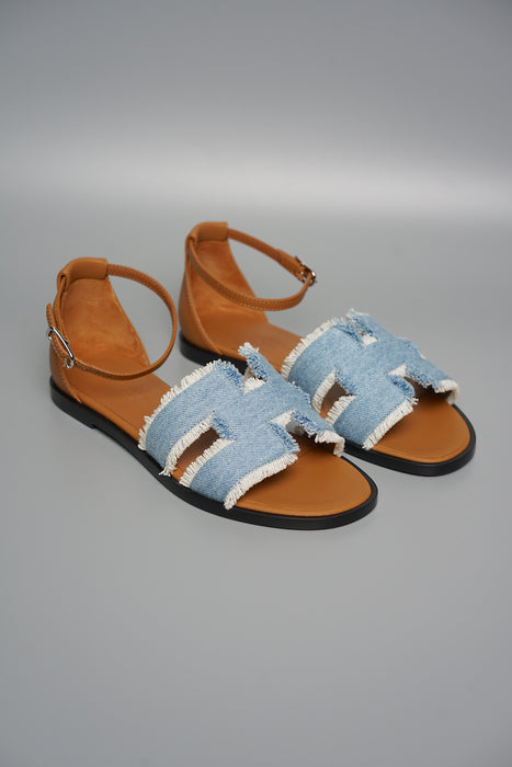 Hermes Santorini Sandal in Bleu Clair / Naturel Phw Size 35 (Brand New)