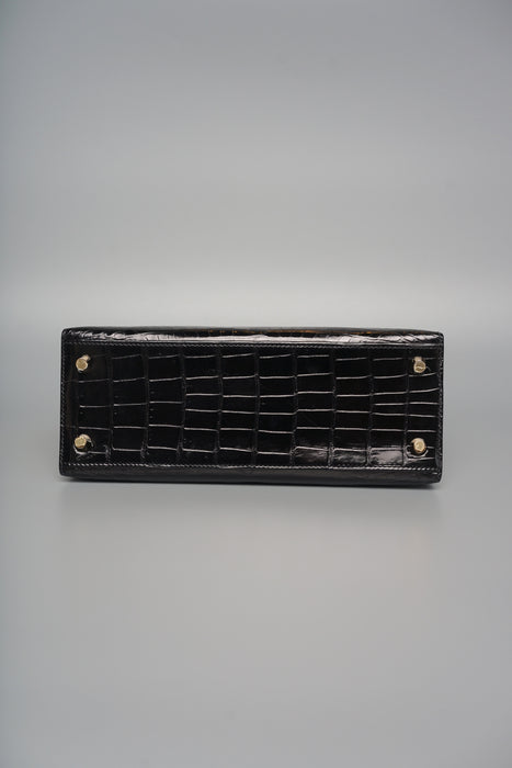 Hermes Kelly 25 in Black Shiny Alligator Ghw