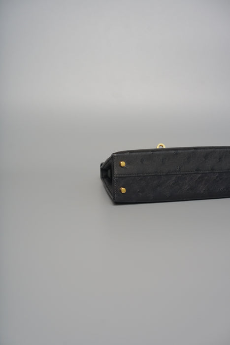 Hermes Kelly 20 in Black Ostrich Ghw