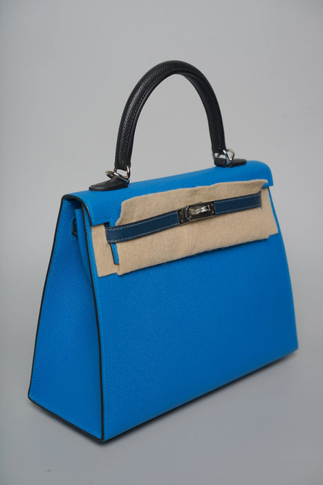 Hermes Kelly 25 Tricolor in Blue Zanzibar Phw (Brand New)