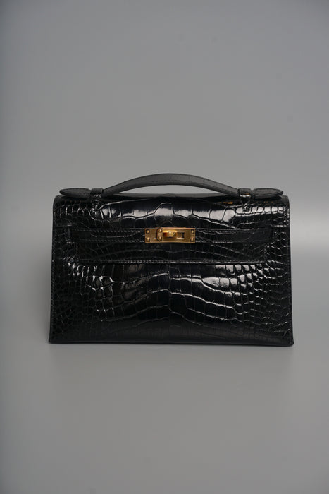 Hermes Kelly Pochette in Black Shiny Alligator Ghw