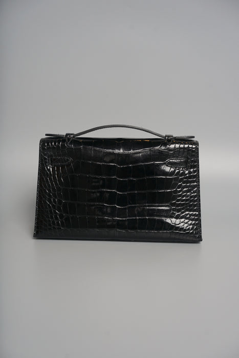 Hermes Kelly Pochette in Black Shiny Alligator Ghw