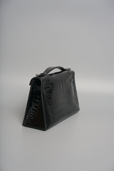 Hermes Kelly Pochette in Black Shiny Alligator Ghw