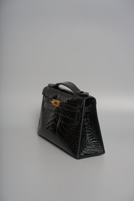 Hermes Kelly Pochette in Black Shiny Alligator Ghw