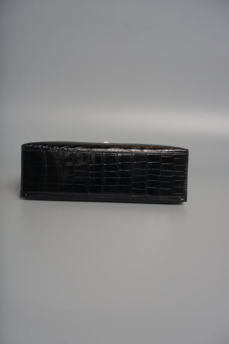 Hermes Kelly Pochette in Black Shiny Alligator Ghw