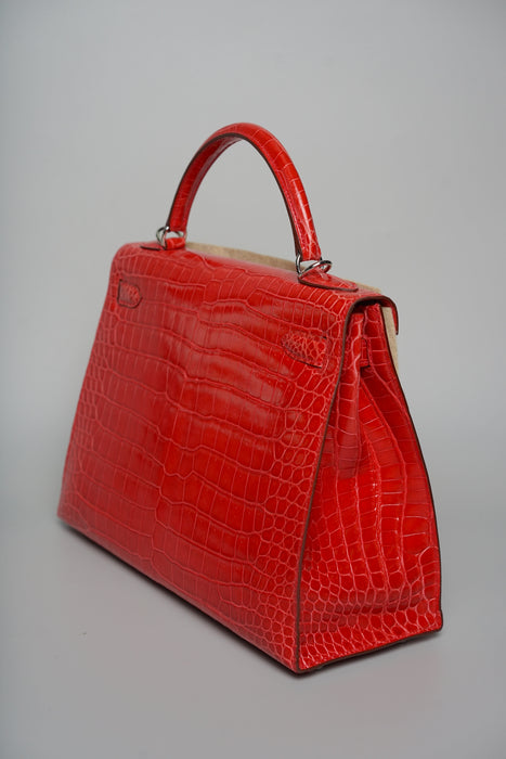 Hermes Kelly 32 in Geranium Shiny Porosus Phw