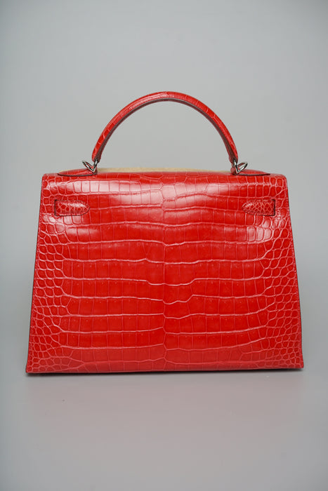 Hermes Kelly 32 in Geranium Shiny Porosus Phw
