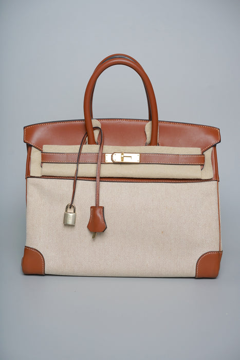 Hermes Birkin 35 in Fauve Barenia Ecru Toile Ghw