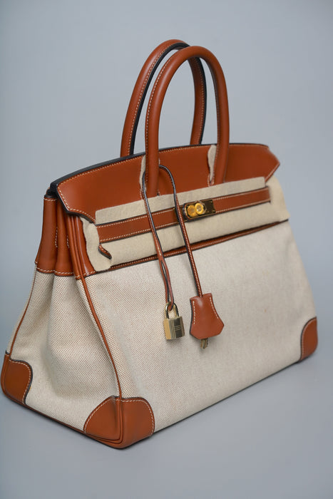 Hermes Birkin 35 in Fauve Barenia Ecru Toile Ghw