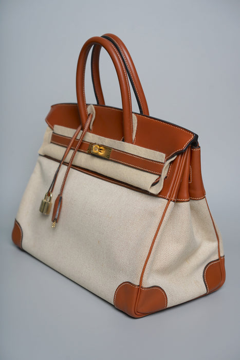 Hermes Birkin 35 in Fauve Barenia Ecru Toile Ghw