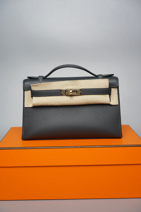 Hermes Kelly Pochette in Gris Misty Permabrass (Brand New)