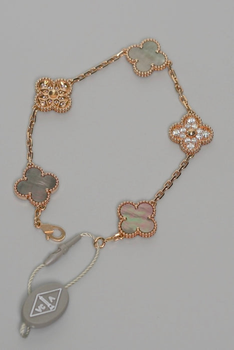 VCA Vintage Alhambra 5 Motif Bracelet in Rose Gold Diamonds (Brand New)