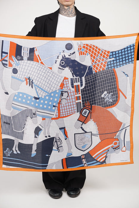 ⁠Hermes Pour Sortir Square Shawl 100 in Cloudy Gray/Sky Blue/Orange (Brand New)