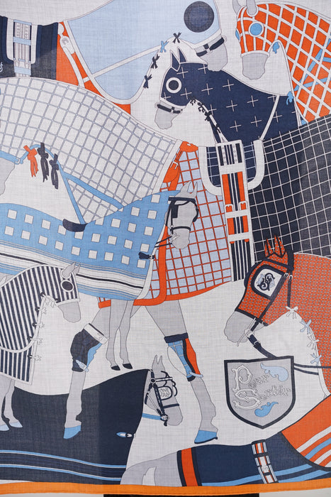 ⁠Hermes Pour Sortir Square Shawl 100 in Cloudy Gray/Sky Blue/Orange (Brand New)