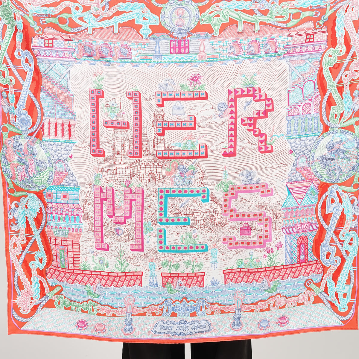 Hermes Super Silk Quest Silk Scarf 90 in CS/Rouge Grenadine/TU