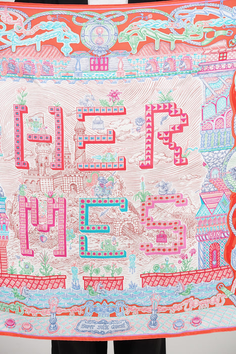 ⁠Hermes Super Silk Quest Silk Scarf 90 in CS/Rouge Grenadine/TU (Brand New)