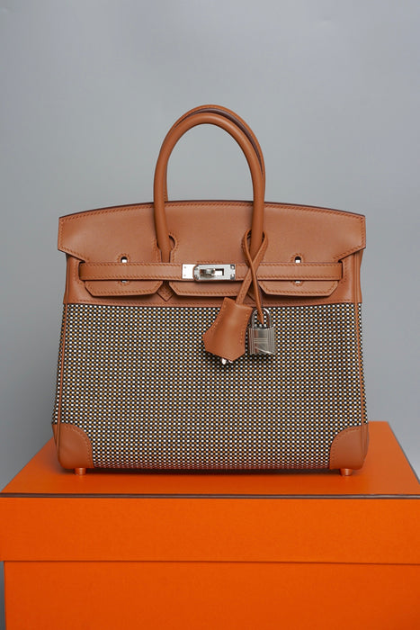 Hermes Birkin 25 in Gold Swift and Toile Quadrille Phw