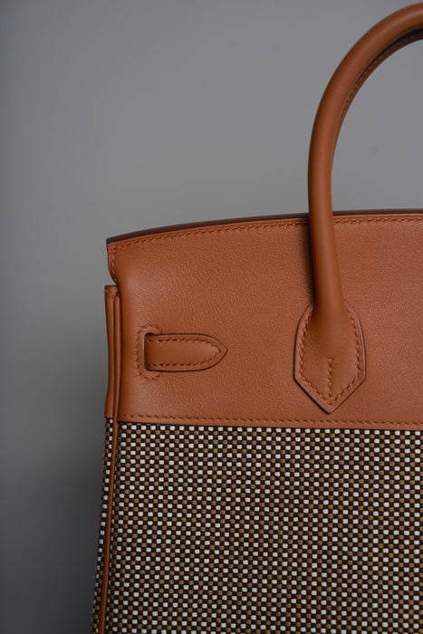 Hermes Birkin 25 in Gold Swift and Toile Quadrille Phw
