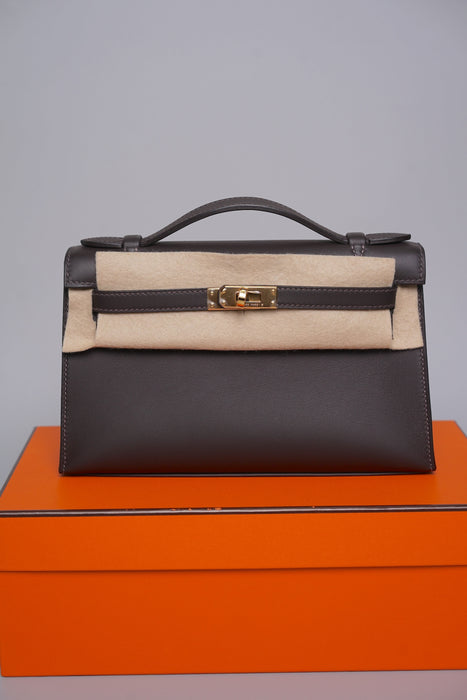 Hermes Kelly Pochette in Bai Brun Swift Ghw (Brand New)