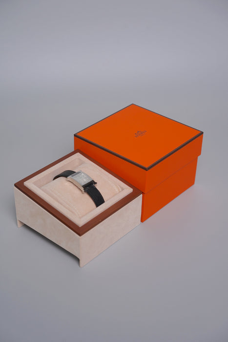 Hermes Heure H Watch, Small Model, 25mm in Noir Epsom Phw (Brand New)