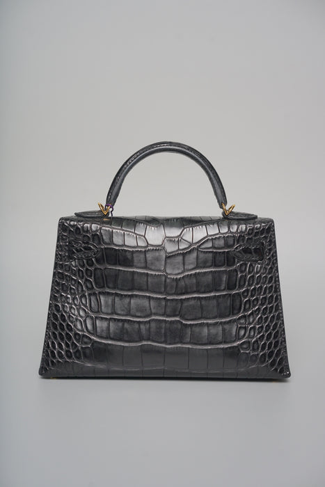 Hermes Kelly 25 in Black Shiny Alligator Ghw
