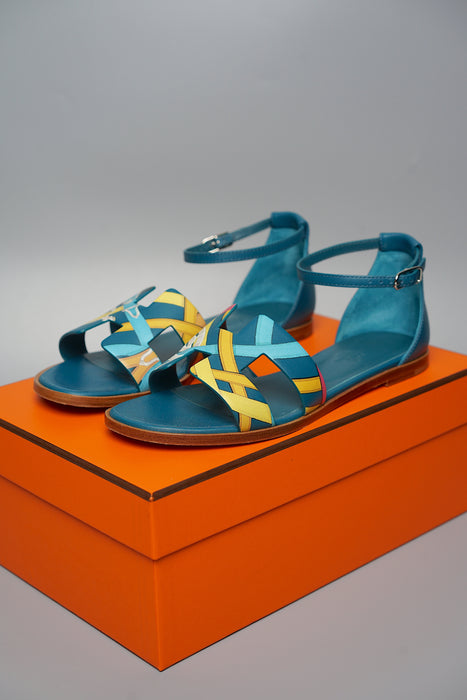 Hermes Santorini Sandals in Multicolour/Bleu Velvet Size 37.5