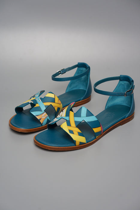 Hermes Santorini Sandals in Multicolour/Bleu Velvet Size 37.5