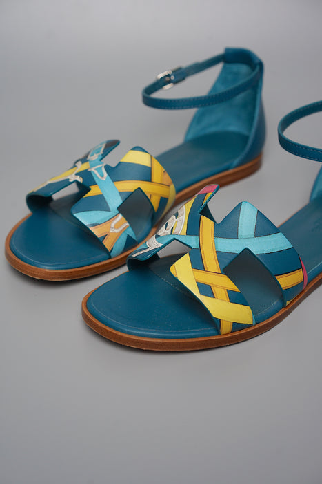 Hermes Santorini Sandals in Multicolour/Bleu Velvet Size 37.5