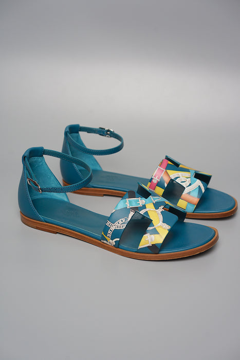 Hermes Santorini Sandals in Multicolour/Bleu Velvet Size 37.5