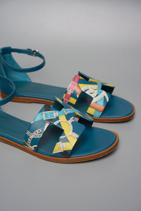 Hermes Santorini Sandals in Multicolour/Bleu Velvet Size 37.5