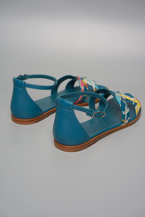 Hermes Santorini Sandals in Multicolour/Bleu Velvet Size 37.5