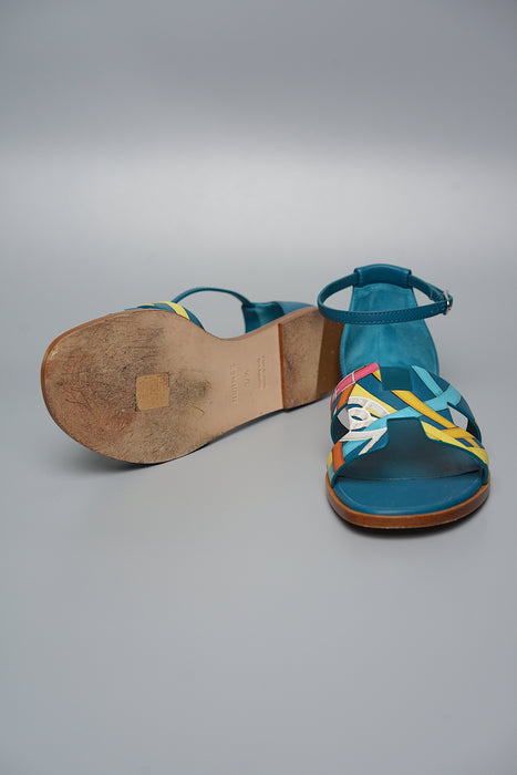 Hermes Santorini Sandals in Multicolour/Bleu Velvet Size 37.5