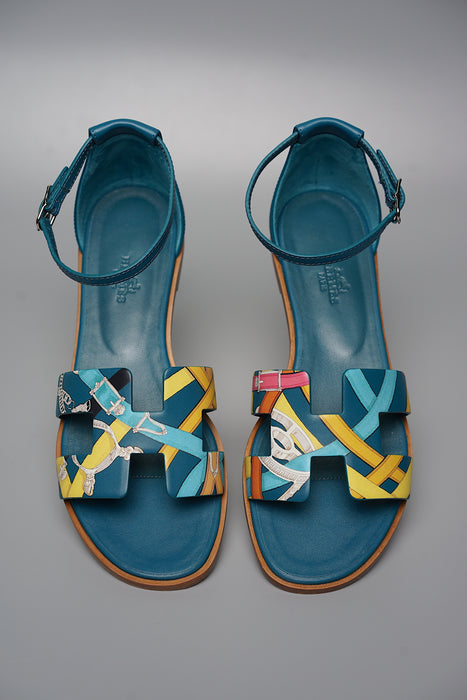 Hermes Santorini Sandals in Multicolour/Bleu Velvet Size 37.5