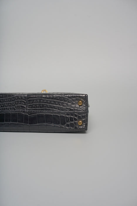 Hermes Kelly 25 in Black Shiny Alligator Ghw