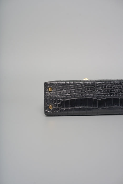 Hermes Kelly 25 in Black Shiny Alligator Ghw