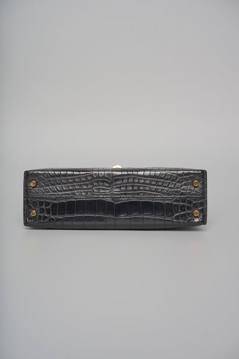 Hermes Kelly 25 in Black Shiny Alligator Ghw