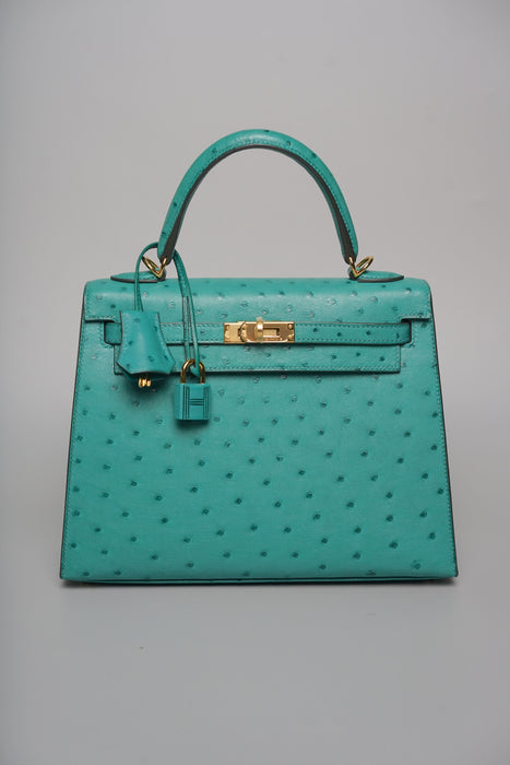 Hermes Kelly 25 in Vert Vertigo Ostrich Ghw