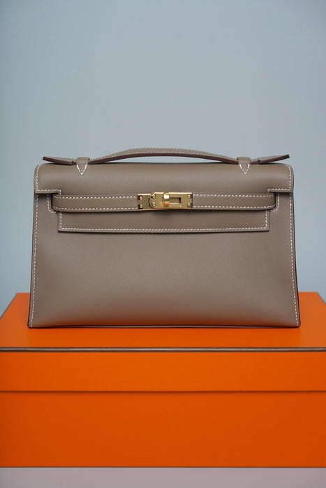 Hermes Kelly Pochette in Etoupe Swift Ghw (Brand New)