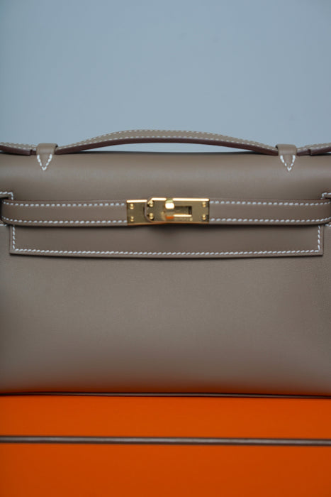 Hermes Kelly Pochette in Etoupe Swift Ghw (Brand New)